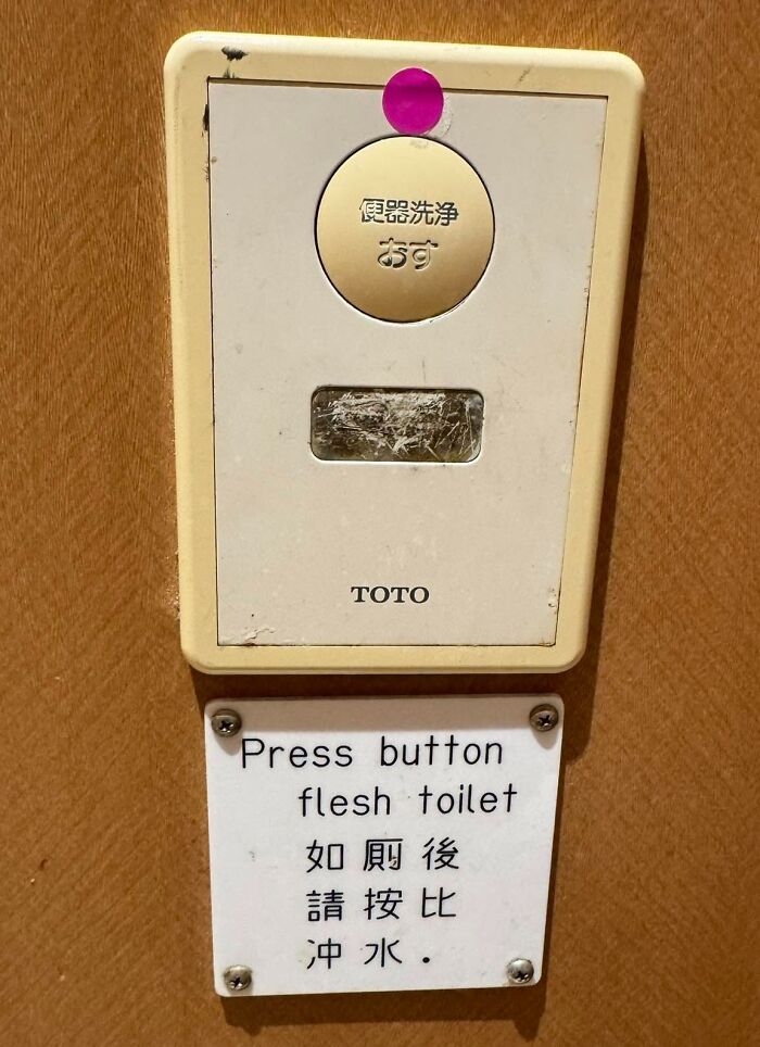 A toilet flush button in Japan with a sign that reads Press button flesh toilet, a hilarious example of getting lost in translation.