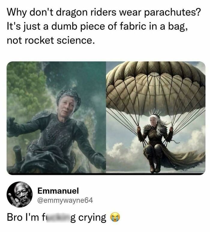 A meme contrasting a woman falling versus with a parachute, highlighting nonsensical movie details.