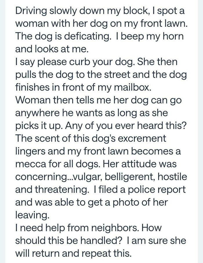 A screenshot from a neighborhood online community about a dog defecating on a lawn. Wild screenshots from online communities.