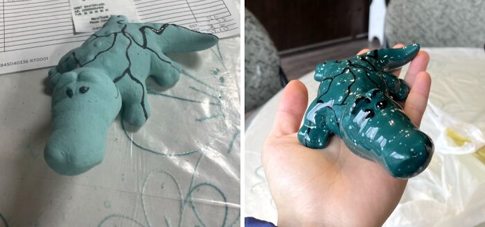 Before-and-after photos of a clay alligator, from unpainted light blue to a shiny, darker finished look.