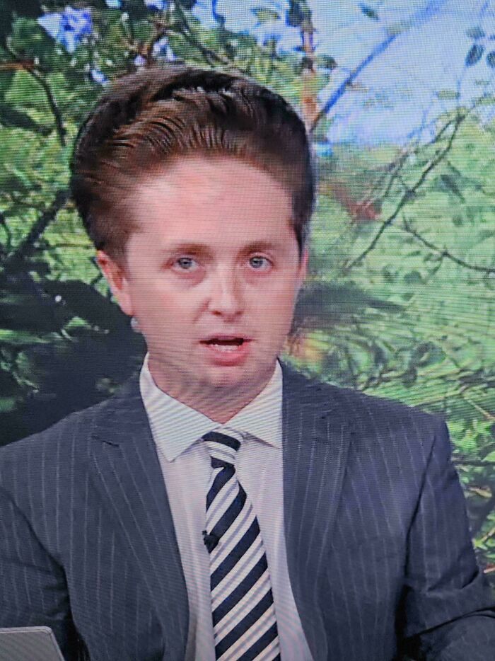 Man with a hilariously bad hair mistake, featuring an overly voluminous and sculpted hairstyle on a news anchor.