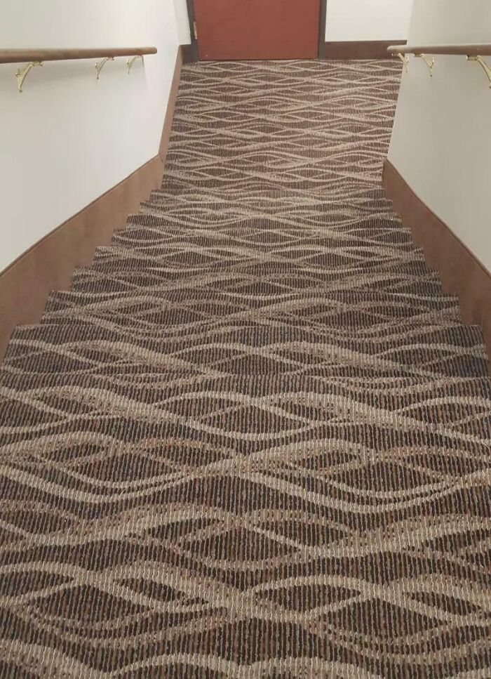 Stairs with a patterned carpet that creates a real life optical illusion of depth.