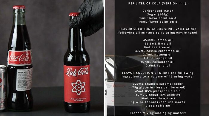A side-by-side view of a Lab-Cola bottle and its ingredients list, providing fascinating pics and quick facts.