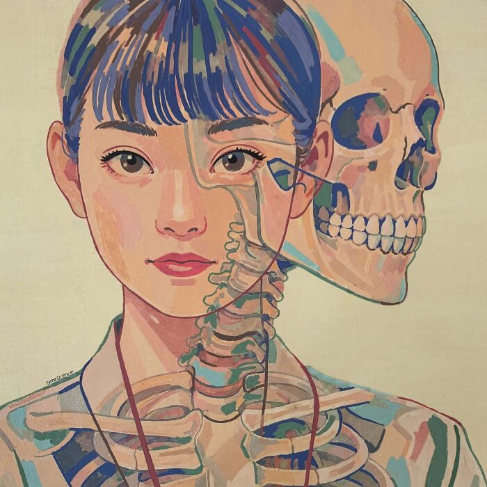 An artistic handmade painting of a woman with blue hair, with a transparent view of her skull and skeleton. Handmade projects that took talent.