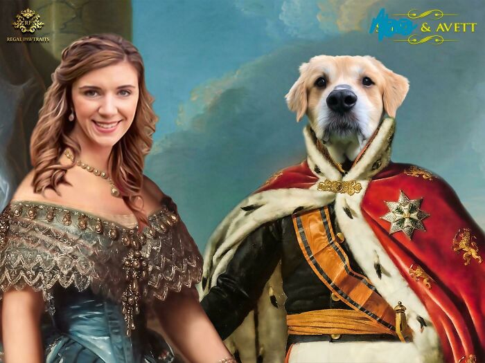 A ridiculous animal photo featuring a golden retriever's head Photoshopped onto a royal portrait alongside a woman.