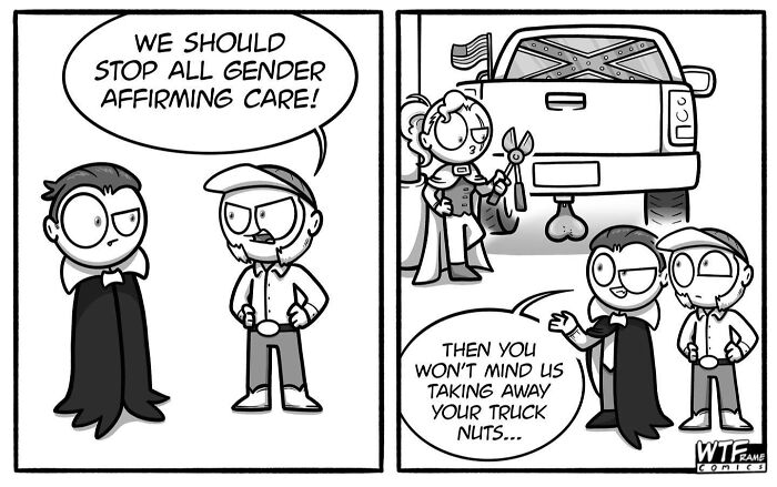 WTFramecomics: a man advocating against gender-affirming care, threatened with his truck nuts removal, a comic on understanding the world.