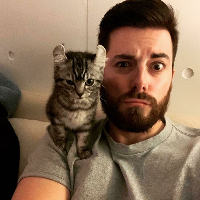 A man with a surprised expression and a funny animal, a kitten, on his shoulder.