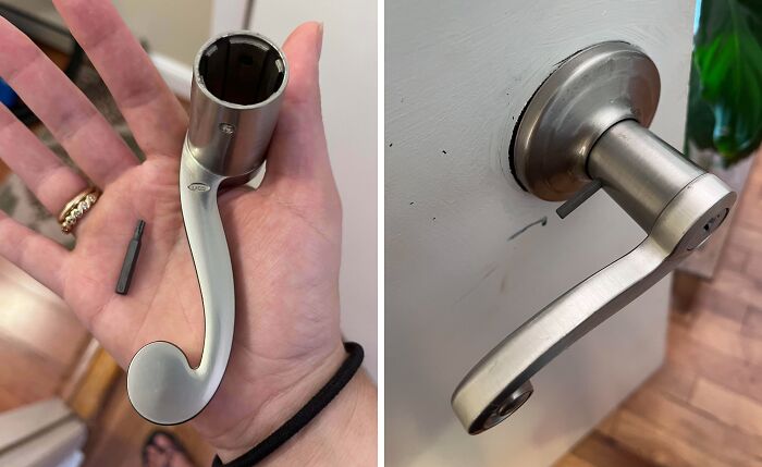A broken door handle in a hand and attached to a door, reflecting entitled men ignoring boundaries.