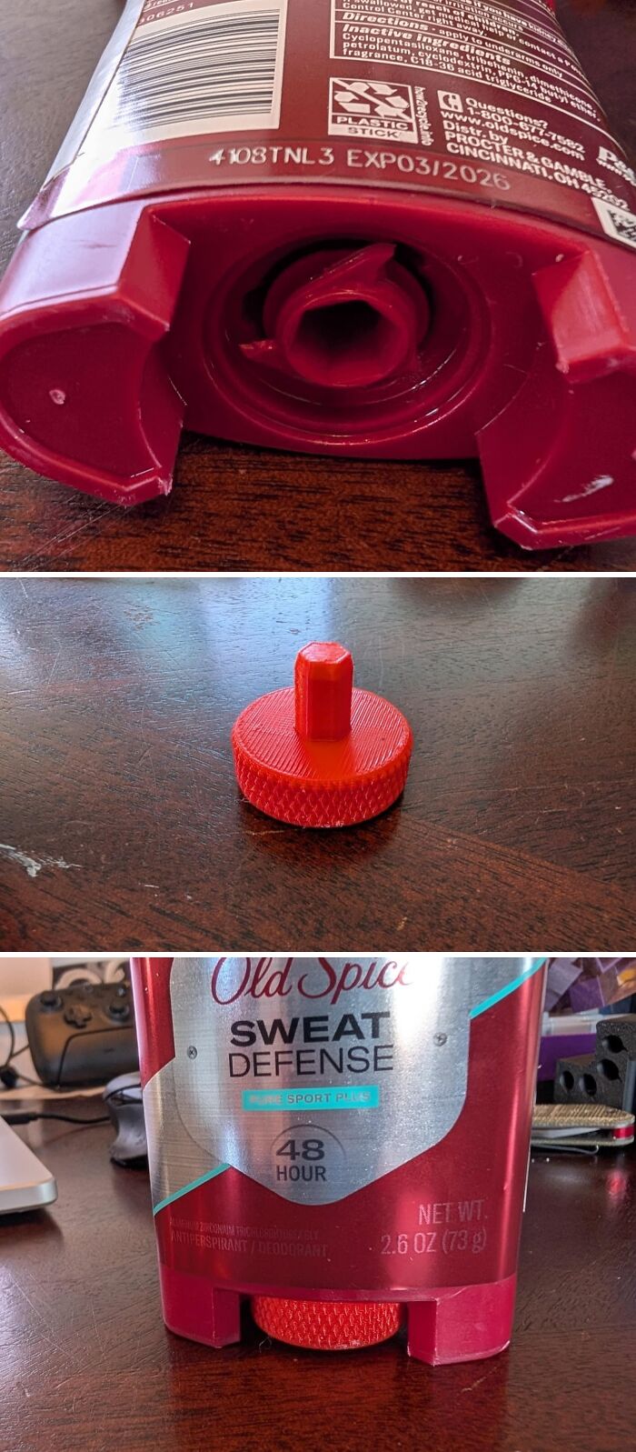 A 3D-printed red replacement part for a deodorant stick, a practical 3D printer project.