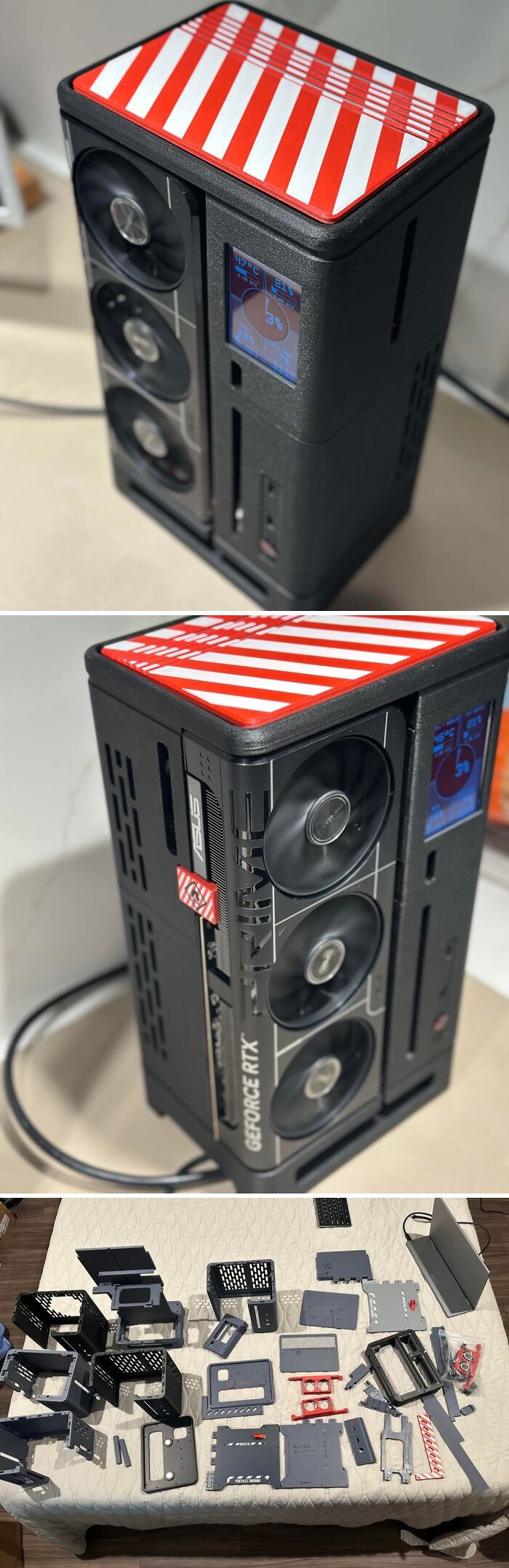 A custom PC case with red and white stripes, showcasing one of the coolest 3D printer projects.