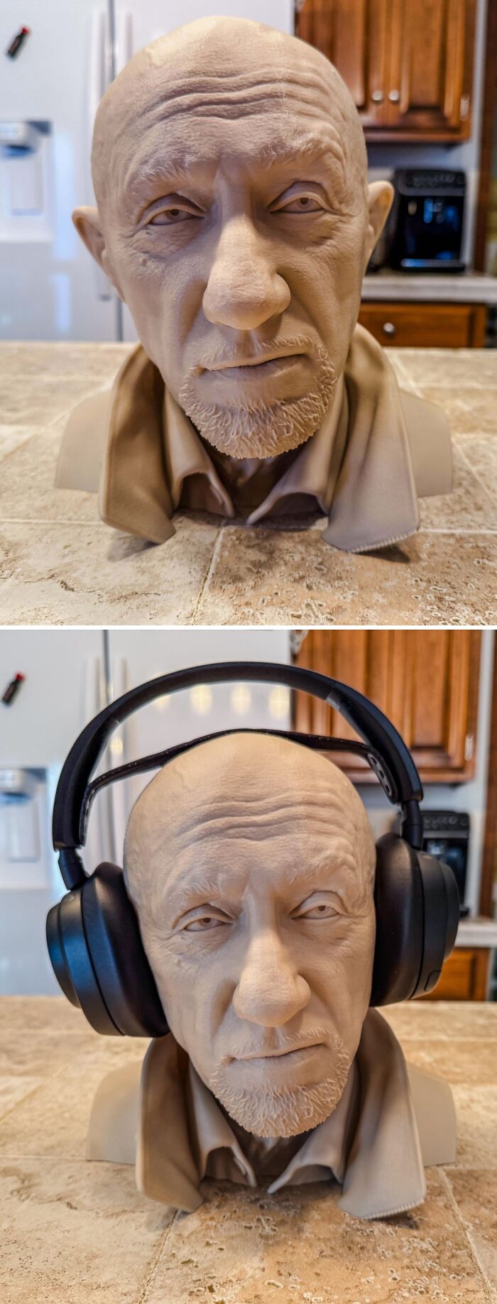 A detailed 3D printed bust of a man, shown without and then with headphones, demonstrating cool 3D printer projects.
