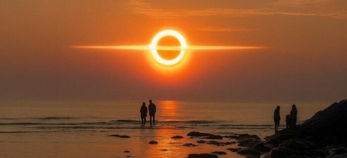 People watching a solar eclipse over water, creating a scary and eerie atmosphere with extremely large celestial event.