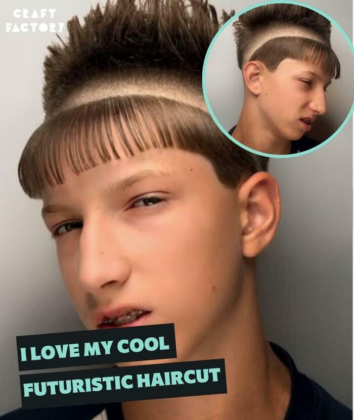 A young boy with a hilariously bad futuristic haircut featuring short bangs and shaved lines.