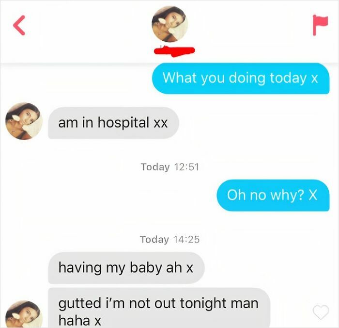 Funny Tinder Texts Messages, a screenshot of a hilarious conversation where a person is in the hospital having a baby.