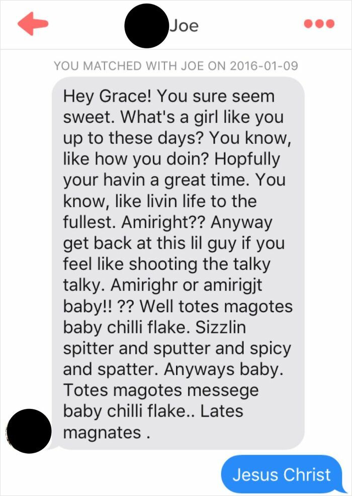 A screenshot of funny Tinder texts with a long, rambling message from Joe, prompting the reply Jesus Christ.