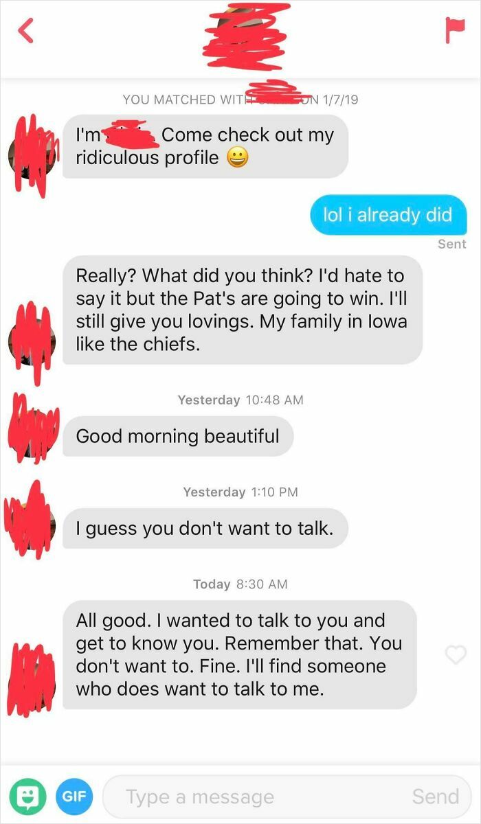 A screenshot of funny Tinder texts displaying a one-sided conversation with multiple messages from a persistent sender.