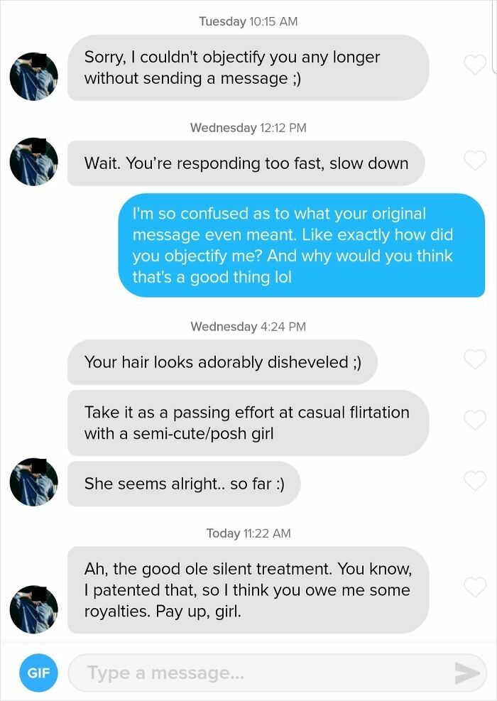 Funny Tinder Texts Messages, a screenshot of a witty exchange about objectifying someone and silent treatment.