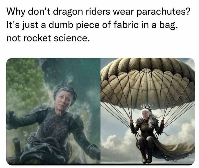 A meme contrasting a woman falling versus with a parachute, highlighting nonsensical movie details.