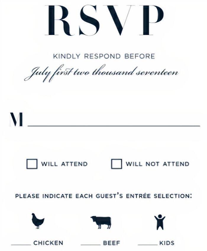 A poorly designed wedding RSVP card, an example of designers failing to do their job correctly.