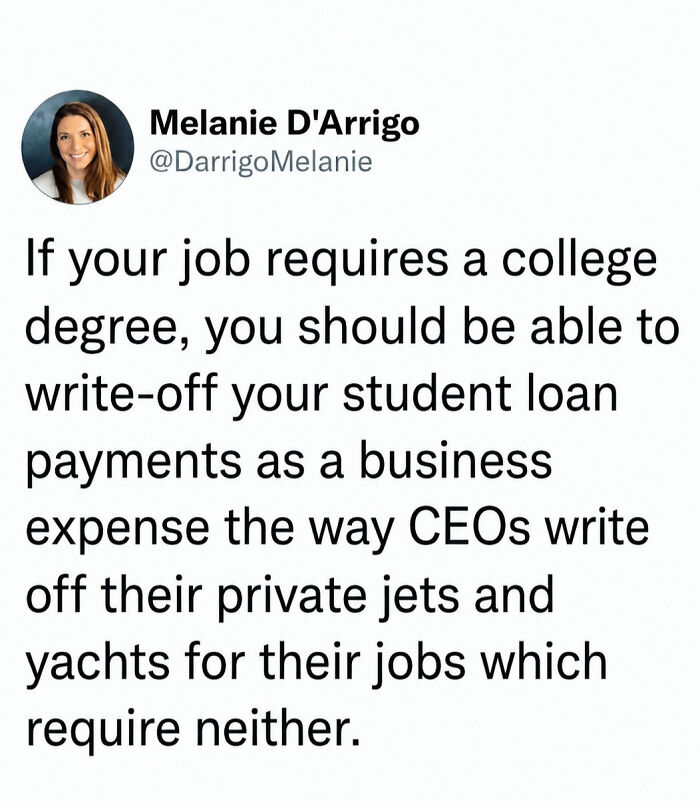 A post by Melanie D'Arrigo on student loans as a business expense for jobs requiring degrees, critiquing recruiting hell.