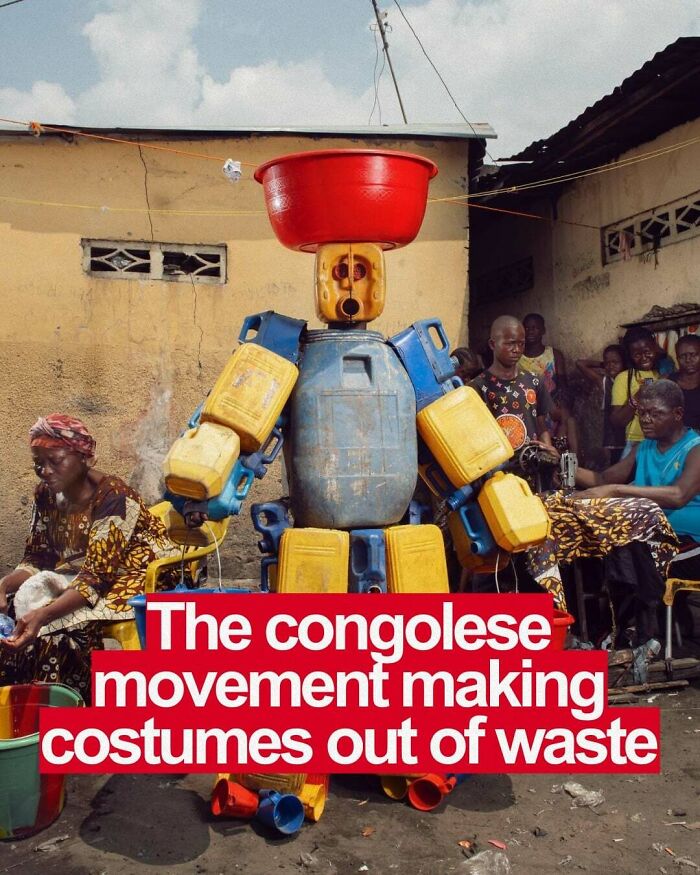 A robot figure made from plastic waste, symbolizing a movement against consumerism with a 400% price difference.