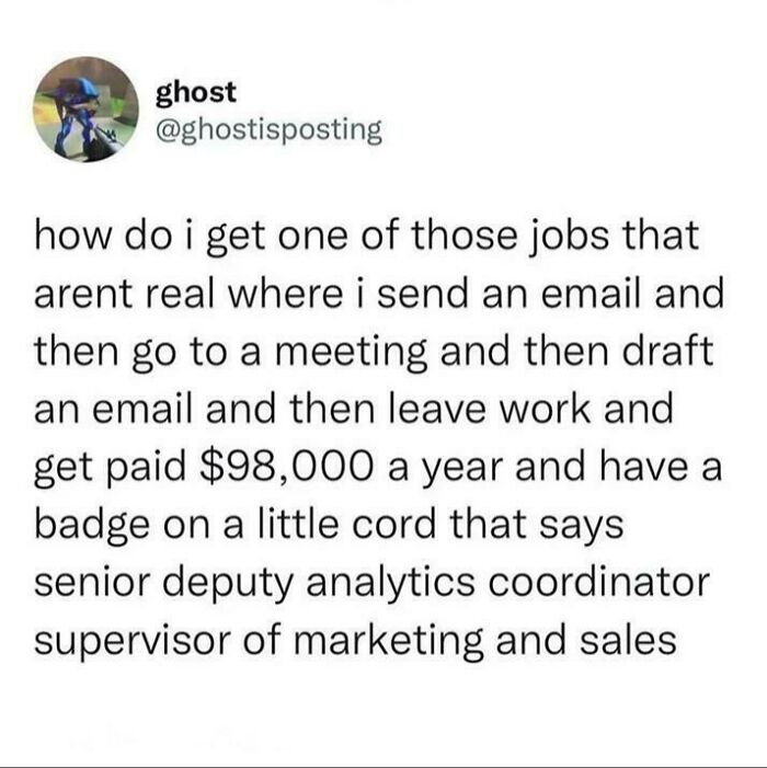 A meme about a baffling post on a job with a long title and high pay for minimal work, straight out of recruiting hell.
