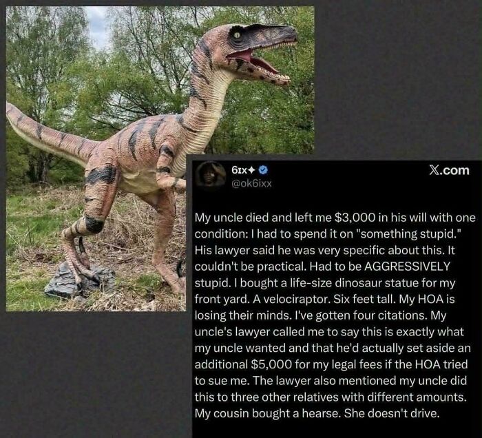 Life-size velociraptor statue in a yard, a humorous chaotic good post from real life.