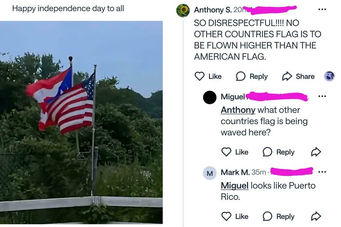 A screenshot from a neighborhood online community showing flags and an argument. Wild screenshots from online communities.