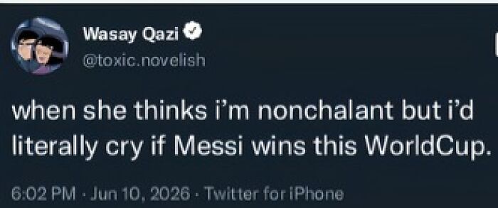 A World Cup football fan tweet expressing emotional investment in Messi winning the World Cup.