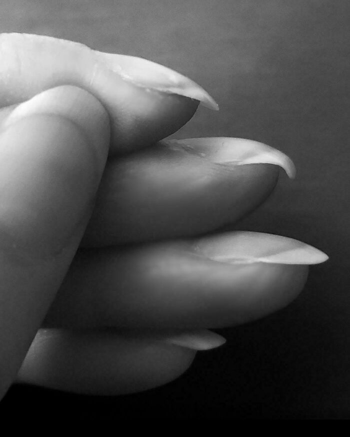 A black and white close-up of fingers with long, curved fingernails, highlighting the strange and amazing human body.