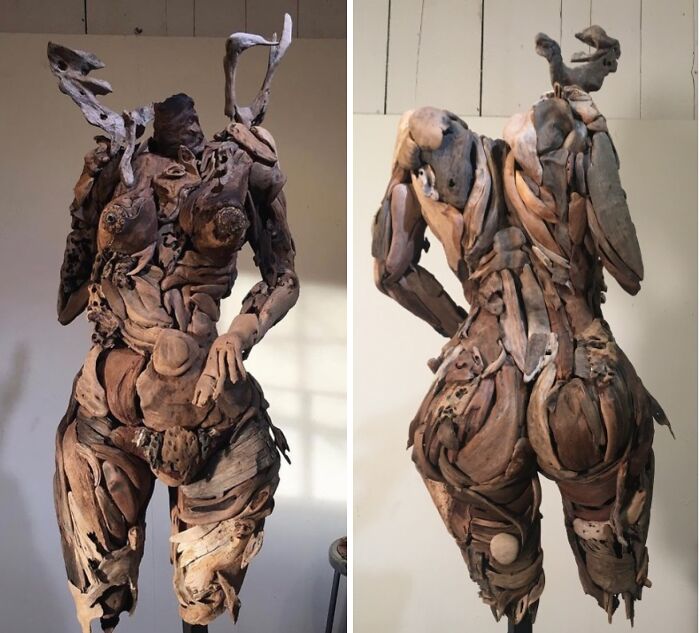 Two views of a large, abstract wood sculpture of a female figure, meticulously assembled from pieces of wood.