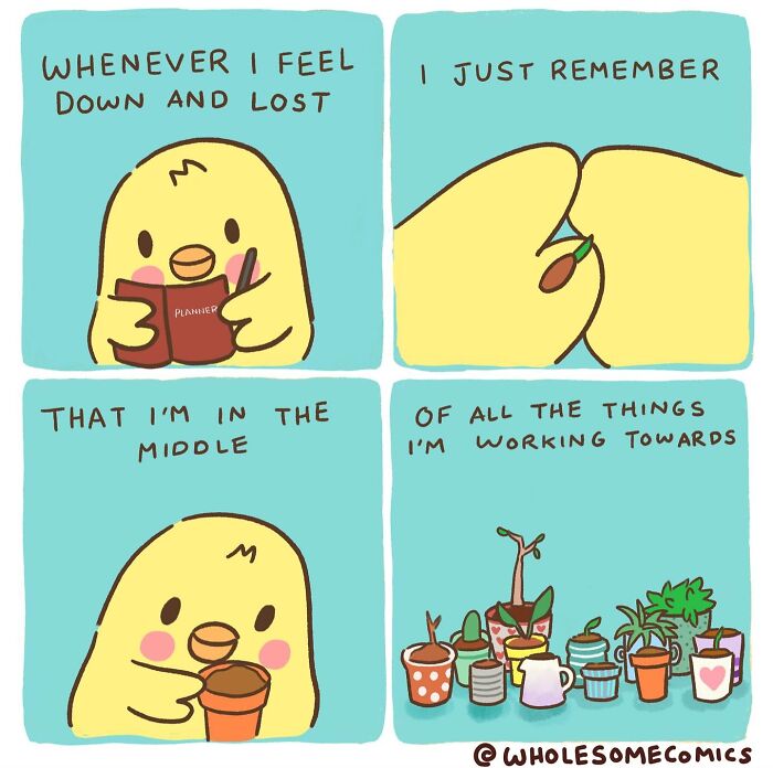 A wholesome comic featuring a cute chick remembering its goals while tending to small plants, bringing comfort to the heart.