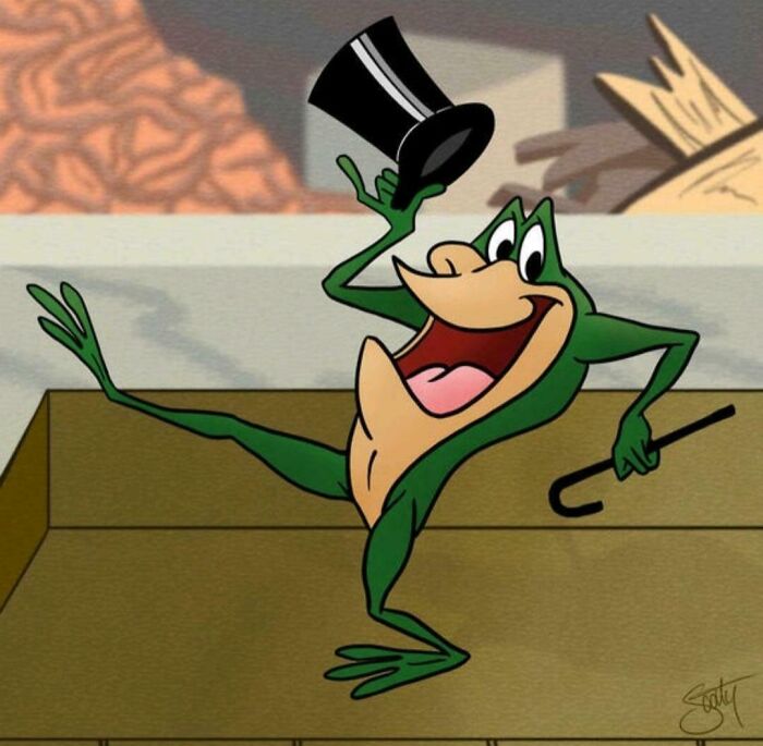 Michigan J. Frog tipping his top hat and holding a cane, an image that might take you way back.