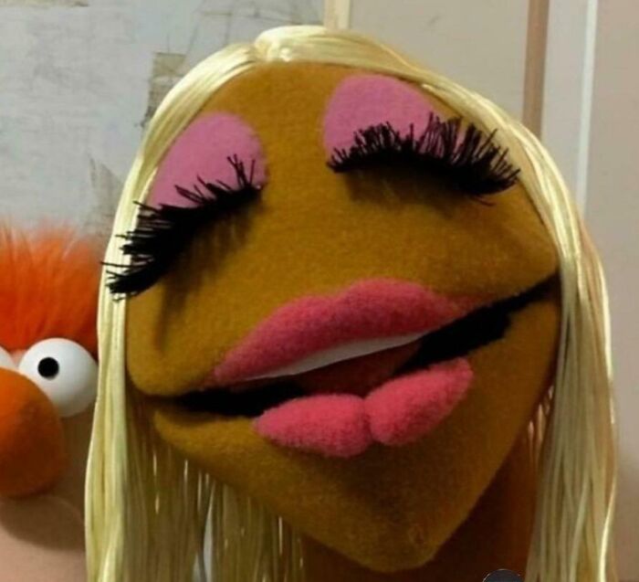 A Muppet Show character with exaggerated makeup and blonde hair reminds you how old you are.
