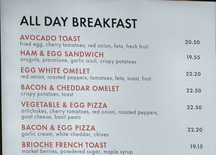 A restaurant menu displaying high prices for breakfast items, reflecting the insulting consumerism.