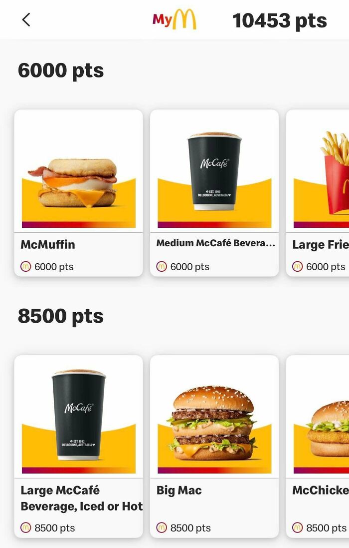 A McDonald's app screen displaying reward points and menu items like McMuffin and Big Mac. Interesting posts an Aussie would understand.