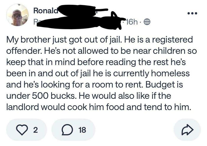 A screenshot from a neighborhood online community about a brother needing a room. Wild screenshots from online communities.