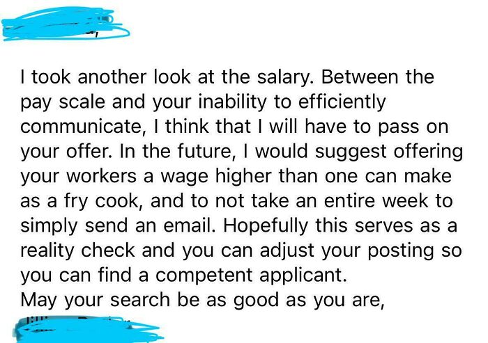 A candidate declining a job offer due to low salary and poor communication from recruiting hell.