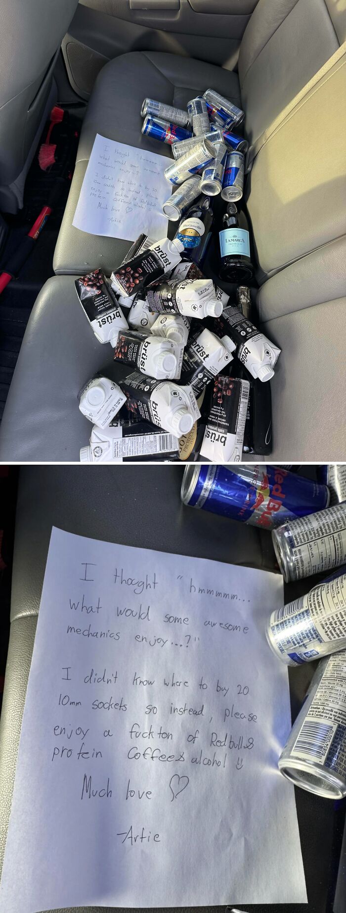 The back seat of a car filled with empty cans and bottles, and a note for car mechanics from the owner.