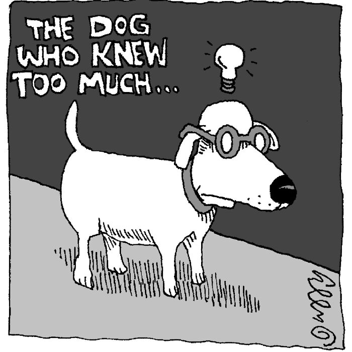A J.C. Duffy cartoon of a smart dog wearing glasses with a glowing lightbulb above its head, signifying an idea.