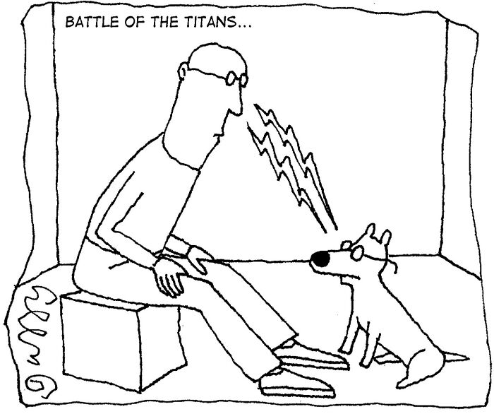Absurd cartoons by J.C. Duffy showing a man and a dog in a staring contest.