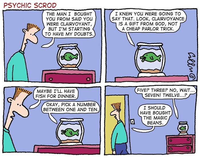 A J.C. Duffy cartoon titled PSYCHIC SCROD, showing a man talking to a fish in a bowl about clairvoyance.