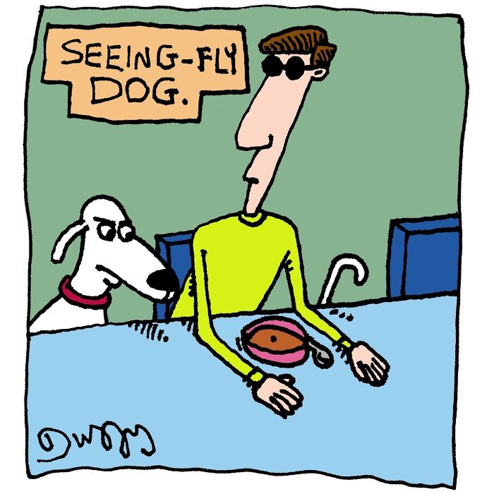 A J.C. Duffy cartoon featuring a blind man with a seeing-fly dog on a leash, walking. The dog has large fly wings.