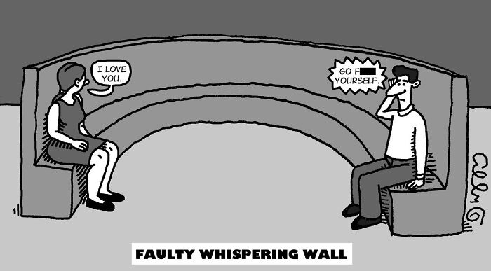 A black and white cartoon by J.C. Duffy featuring a Faulty Whispering Wall between a man and a woman.