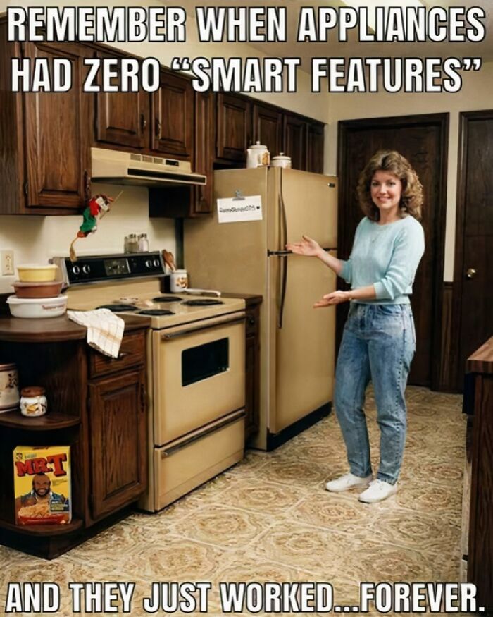 Woman in a vintage kitchen, a throwback meme about appliances without smart features for 90s kids.
