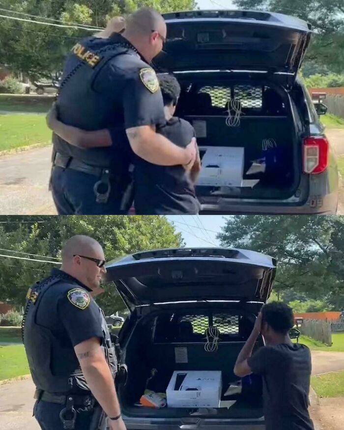 A police officer gifting a PlayStation to a surprised boy from the trunk of a car, providing aww-worthy photos to lift spirits.