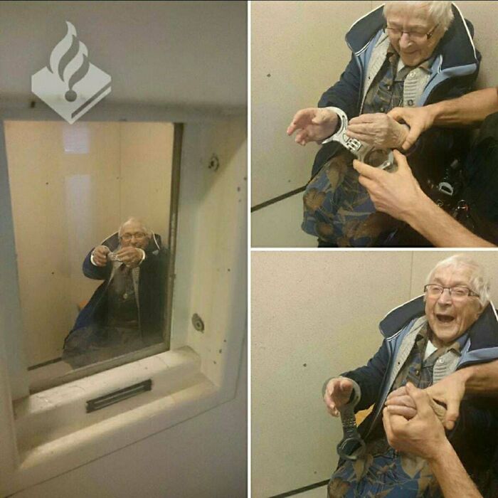 An aww-worthy elderly woman smiles while being playfully handcuffed by officers, lifting spirits.