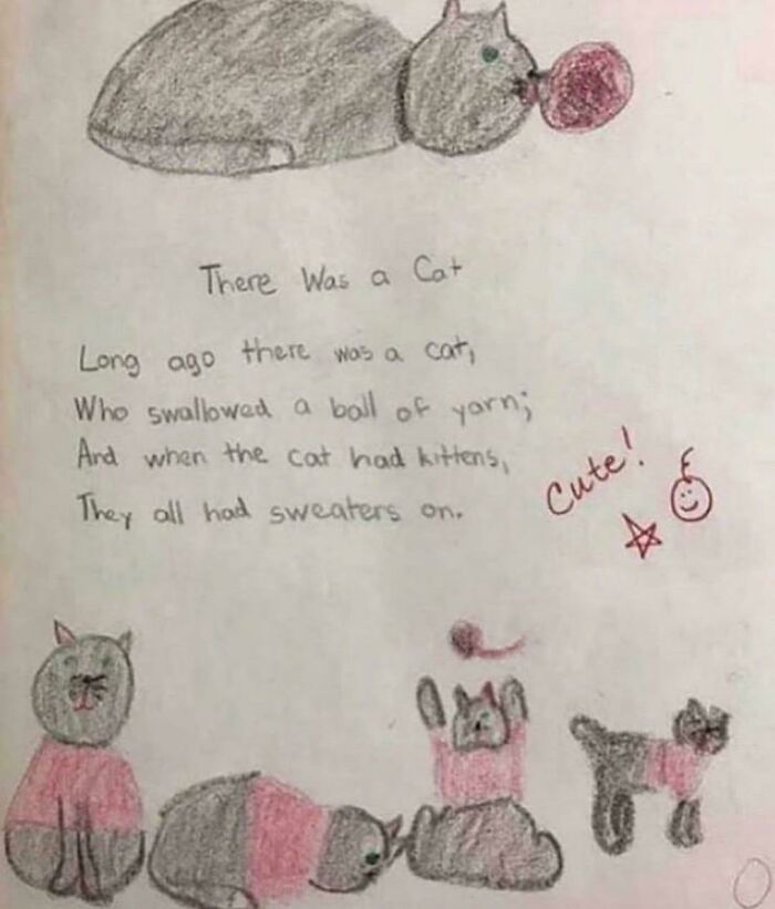 An aww-worthy drawing of a cat and kittens with a humorous poem about a cat swallowing yarn, lifting spirits.