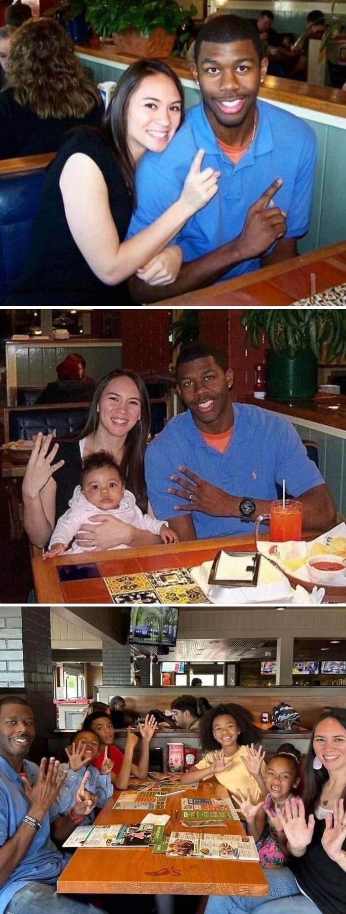 A family portrait progression from a couple to a family of five at a restaurant, showcasing aww-worthy photos to lift spirits.