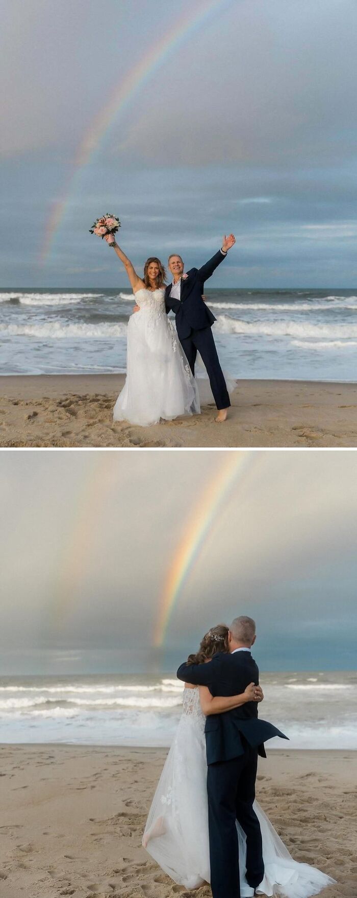A couple celebrating their wedding on a beach with a rainbow, capturing aww-worthy photos to lift spirits.